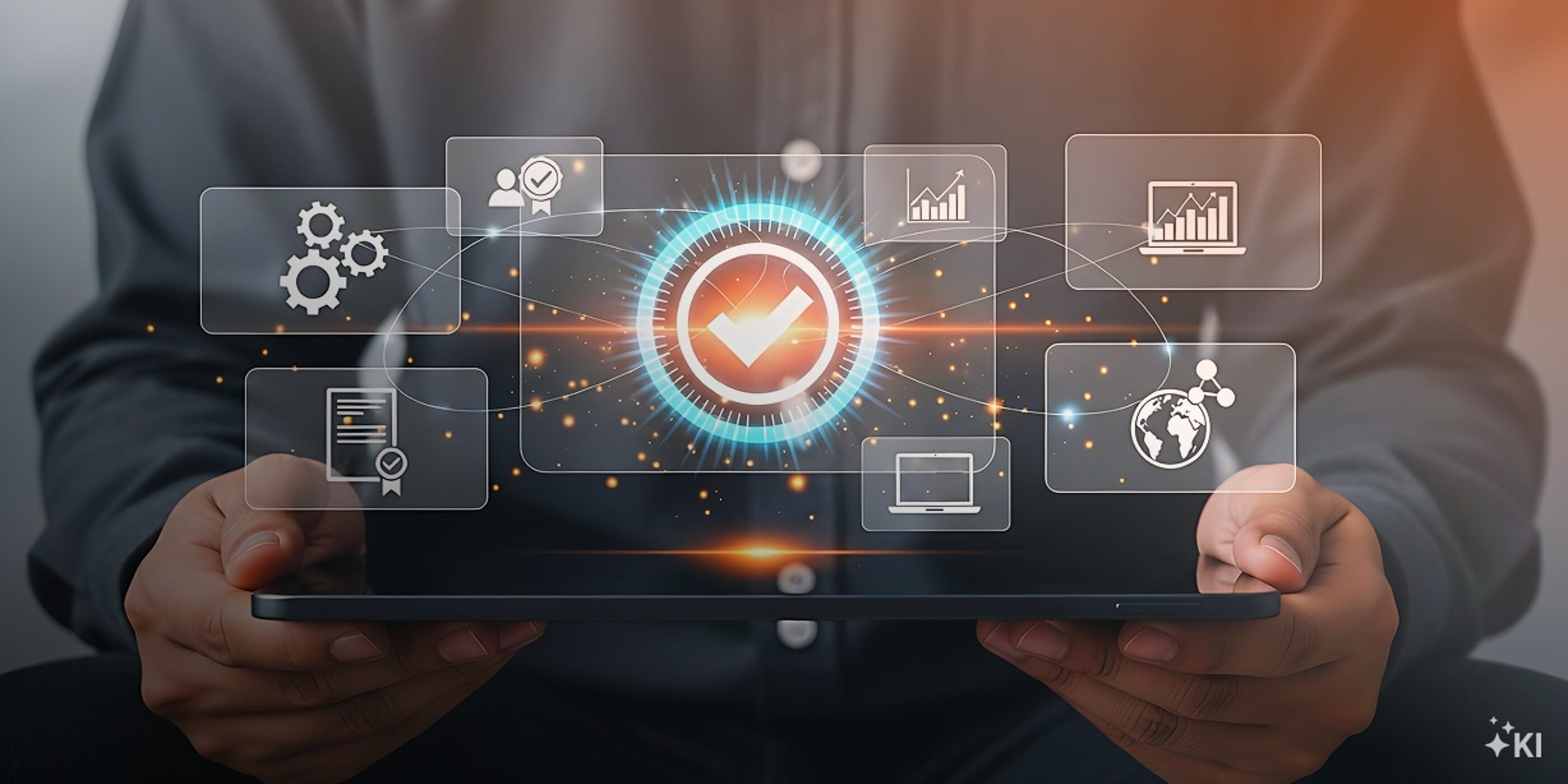 Eine Person hält ein Tablet, über dem eine Grafik zum Bestellprozess schwebt