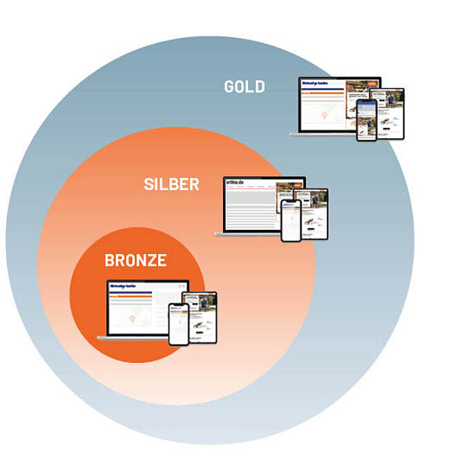 Kreisdiagramm der Website-Pakete Bronze, Silber und Gold mit Darstellungen auf Laptop, Smartphone und Tablet