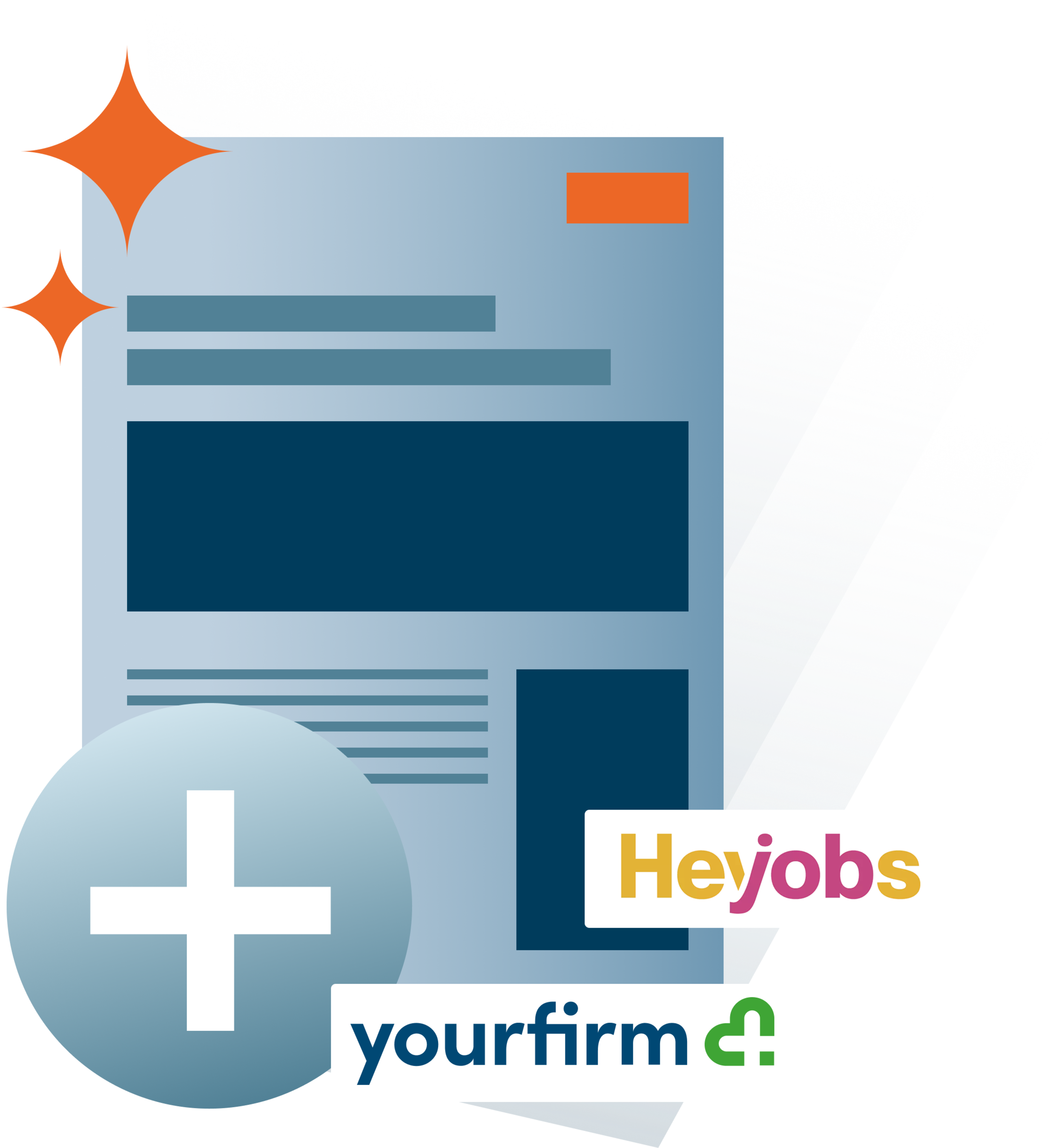 Stilisierte Stellenanzeige mit Plus-Symbol sowie Logos von HeyJobs und yourfirm