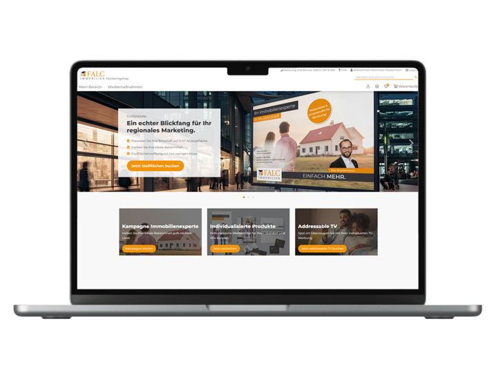 Laptop mit Startscreen vom FALC Marketingportal