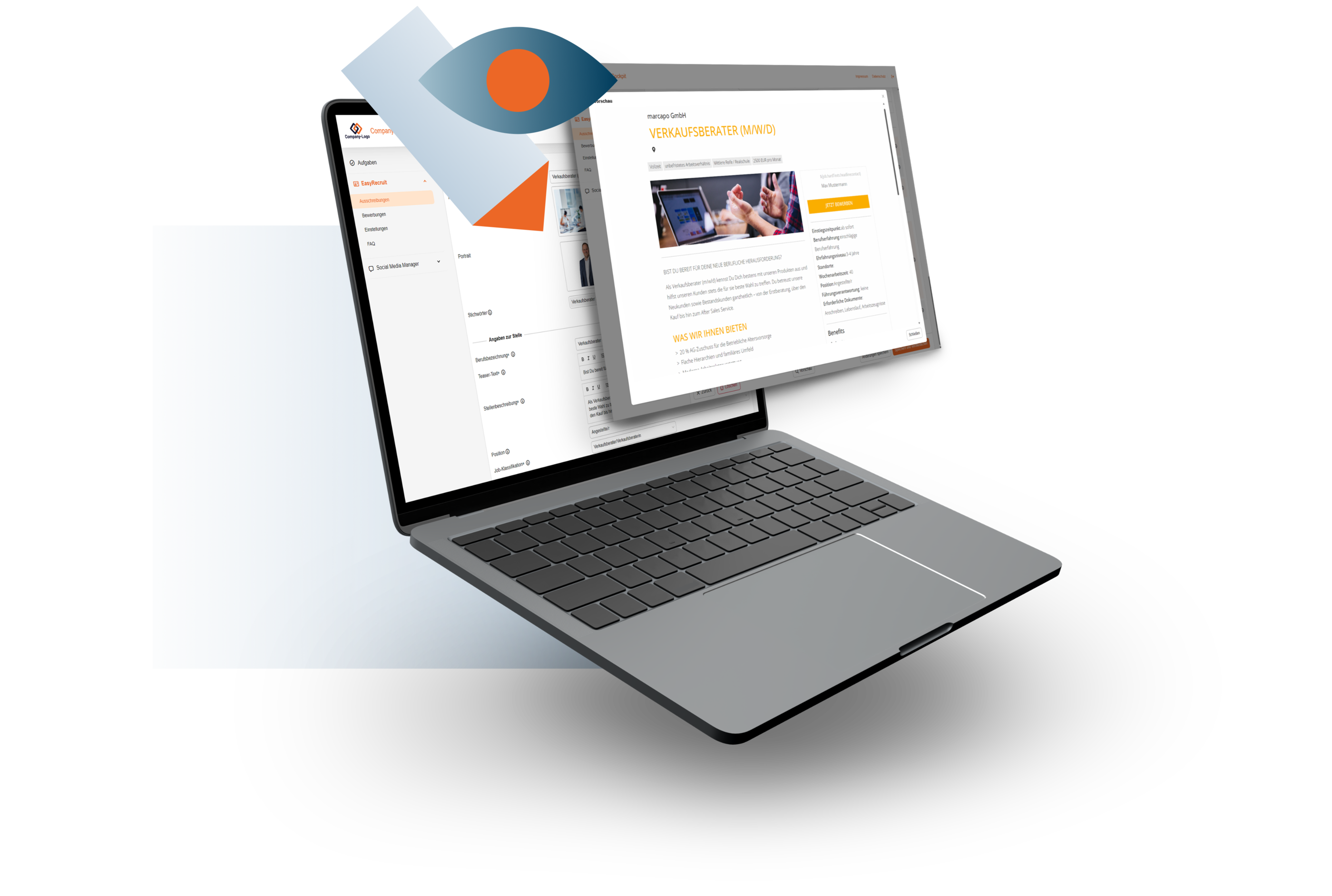 Laptop mit geöffneter Softwareoberfläche, schwebendem Webseitenfenster und Logo