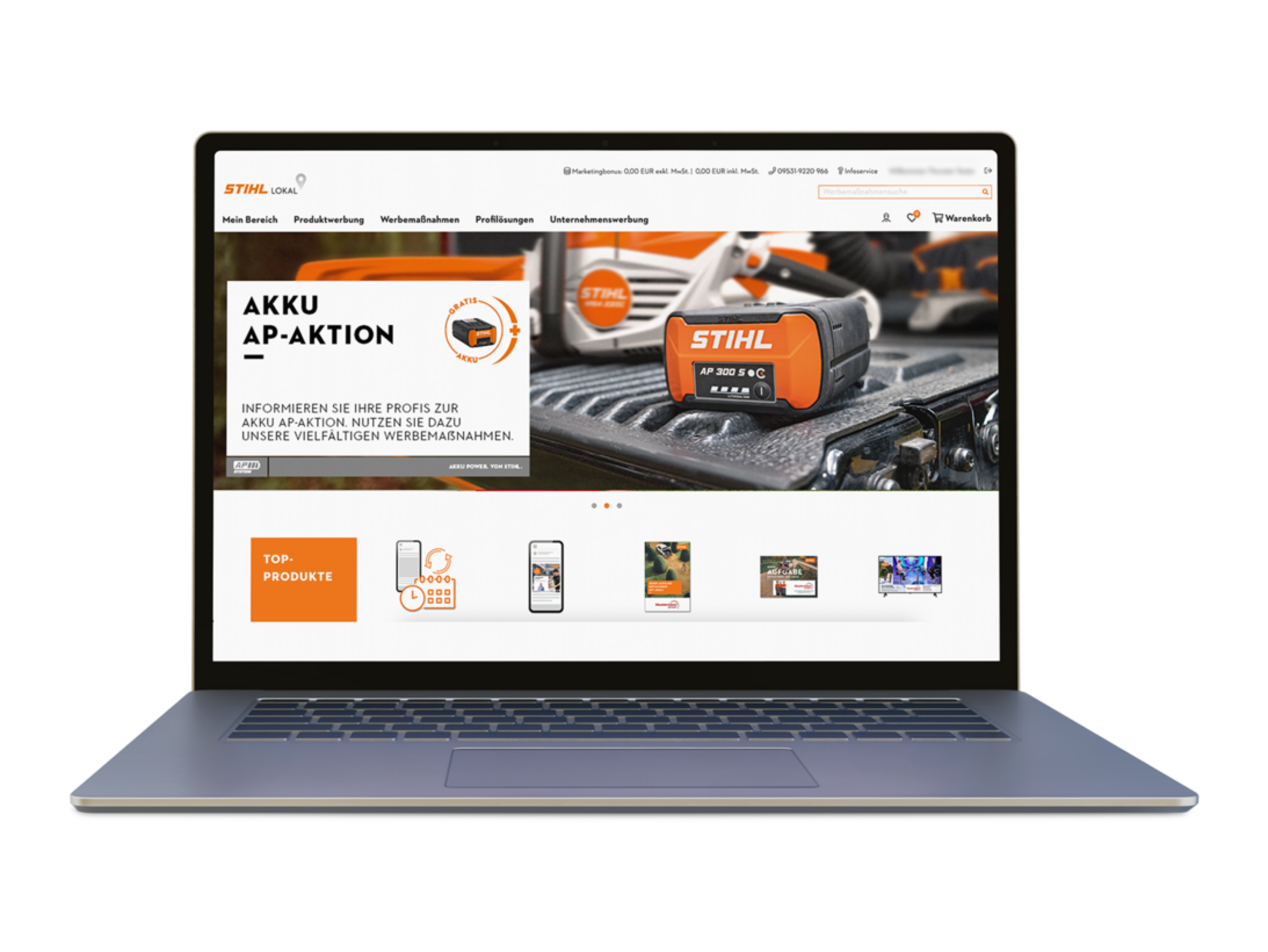 Laptop mit Startbildschirm der STIHL Marketingplattform