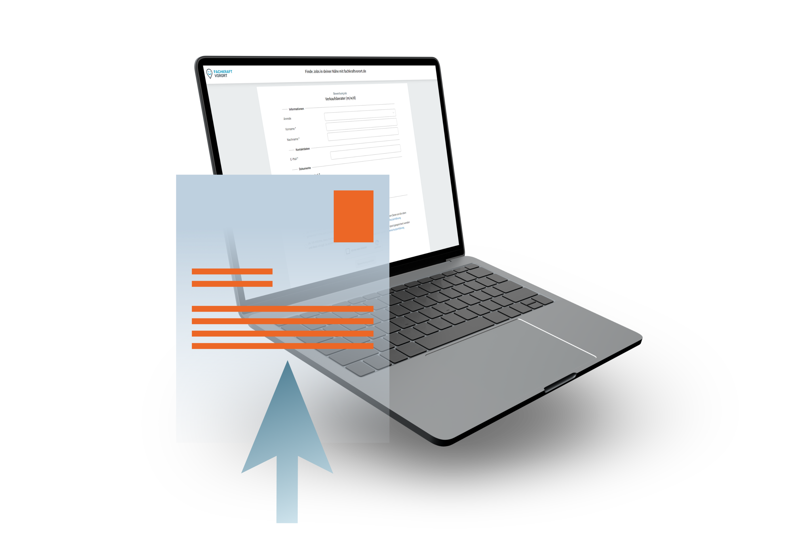 Laptop mit geöffnetem Online-Bewerbungsformular und stilisiertem Dokument mit Pfeil