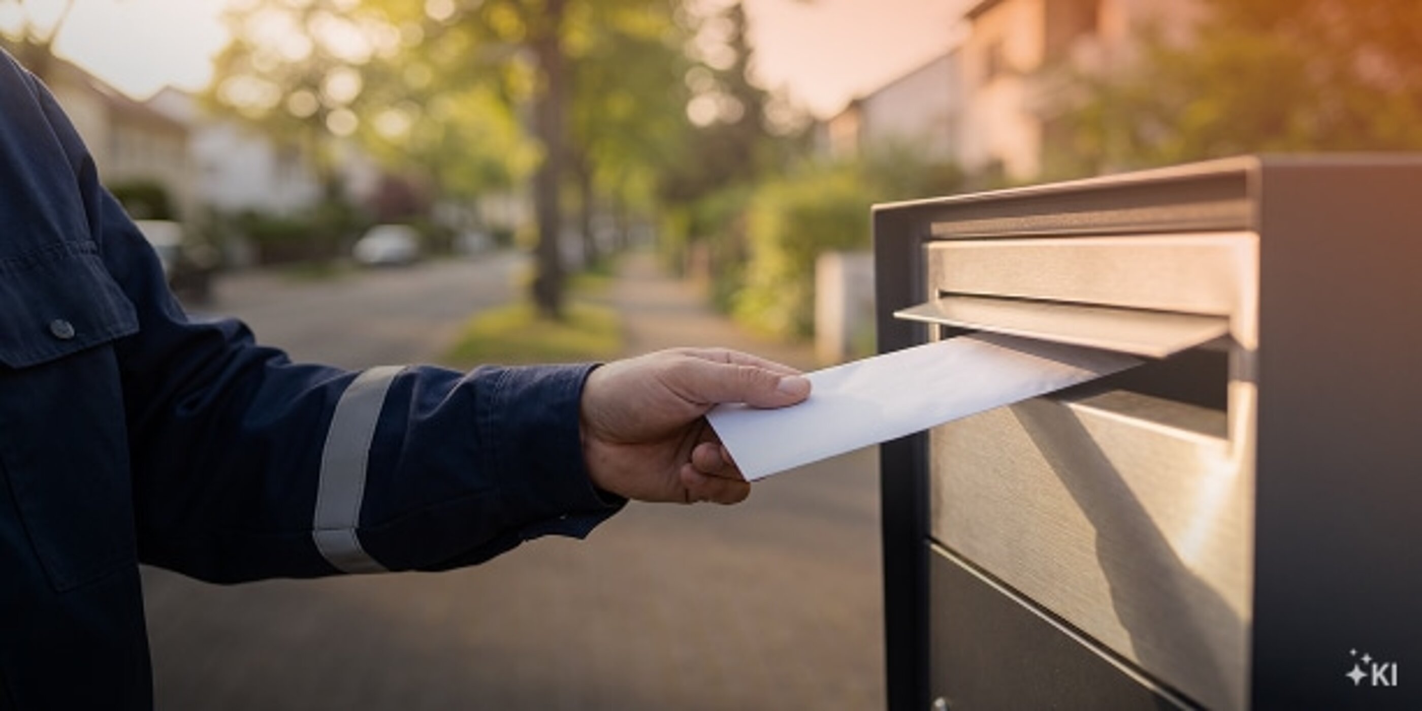 Hand eines Zustellers beim Einwerfen eines Briefs in einen Briefkasten in einer Wohnstraße